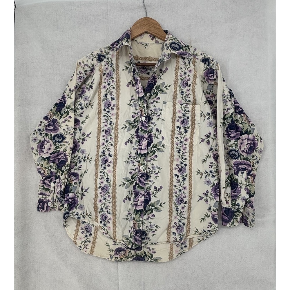Cowgirl Off White & Purple Striped Floral Button Down Western Shirt Womens M